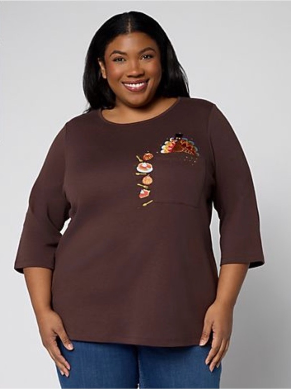 Quacker Factory Brown 3/4 Sleeve Top with Embroidered Pocket